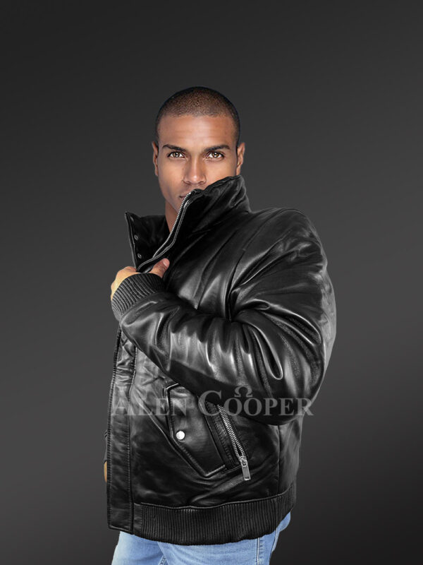 Mens Turtle Neck Leather Bomber Jacket - Image 5