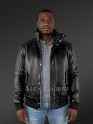 Mens Turtle Neck Leather Bomber Jacket with a Jet Black Luxe Appeal