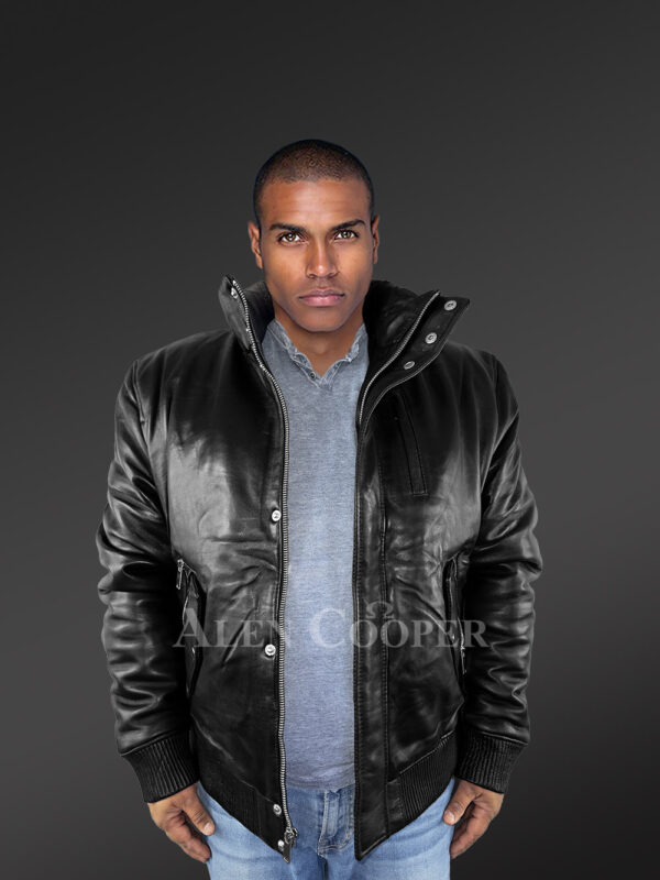 Mens Turtle Neck Leather Bomber Jacket - Image 4