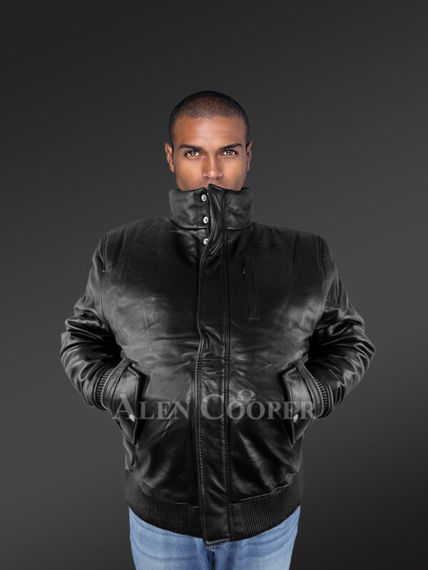 Mens Turtle Neck Leather Bomber Jacket - Image 3