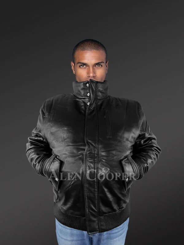 Mens Turtle Neck Leather Bomber Jacket - Image 3