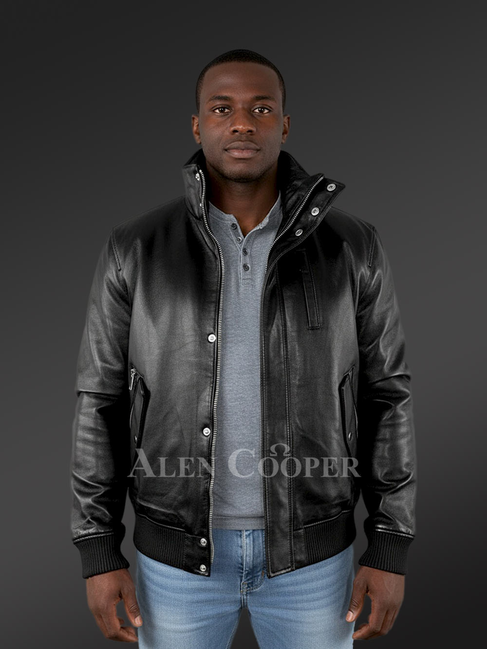 Mens Turtle Neck Leather Bomber Jacket with a Jet Black Luxe Appeal
