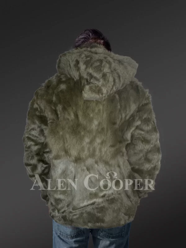 Mens Rabbit Fur Bomber with Hood in Graceful Olive Color - Image 5