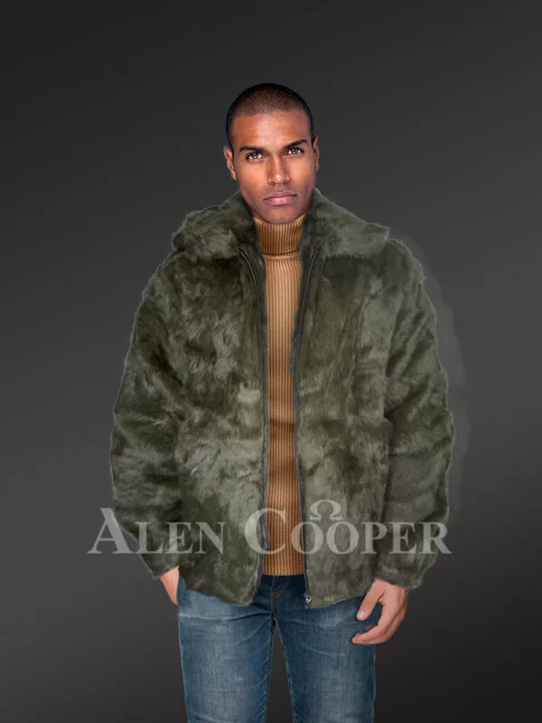 Mens Rabbit Fur Bomber with Hood in Graceful Olive Color - Image 4