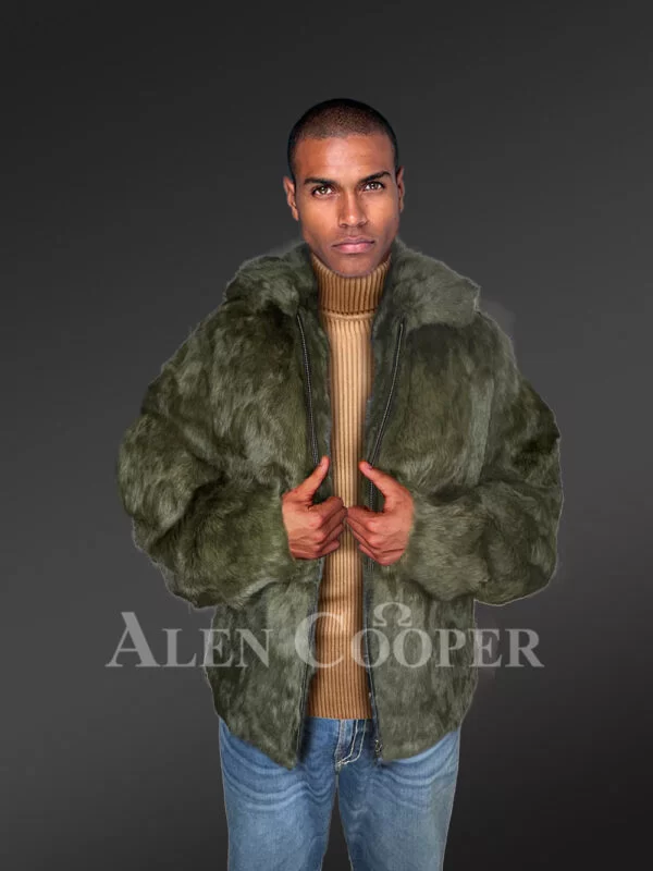 Mens Rabbit Fur Bomber with Hood in Graceful Olive Color - Image 3