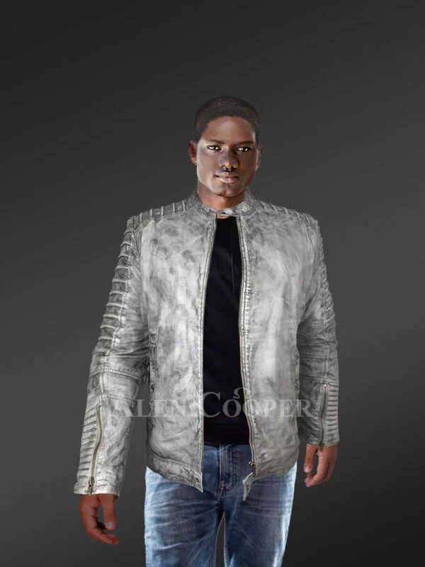 Motorcycle Leather Jacket for Men in A Classic Fusion Of Grey Shades - Image 3