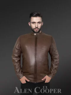 Motorcycle Leather Jacket with a Band Collar for men