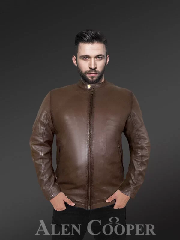 Motorcycle Leather Jacket with a Band Collar for men