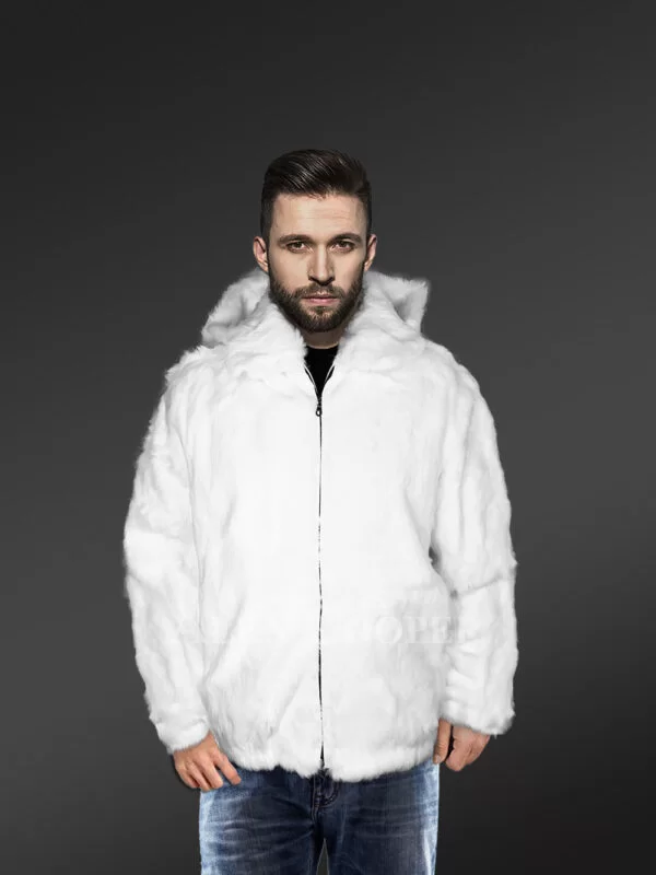 Rabbit Fur Coat in White with hood