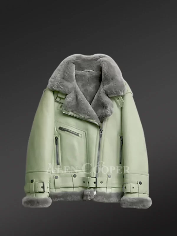 Women Sheepskin Biker Jacket with Belts - Image 3