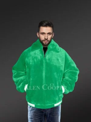 Sheepskin Mouton Varsity Jacket in Light Green