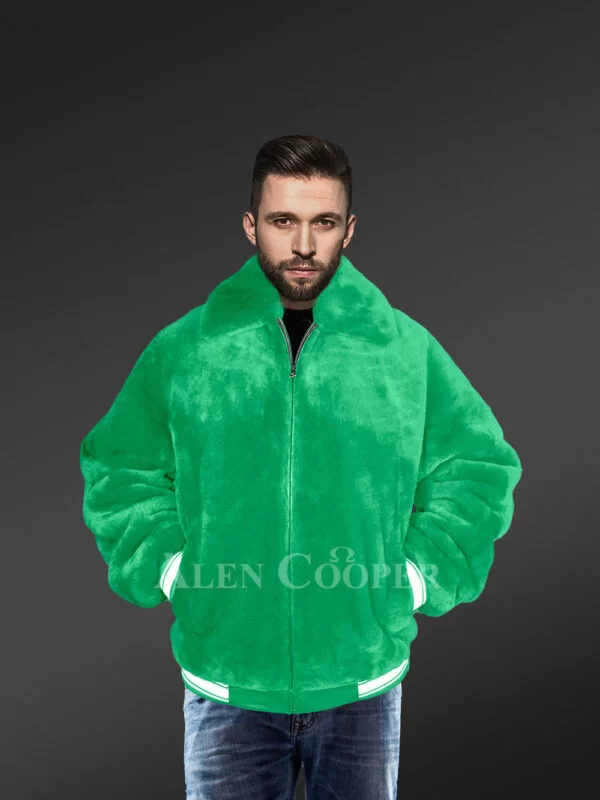Sheepskin Mouton Varsity Jacket in Light Green
