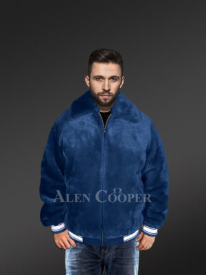 Sheepskin Mouton Varsity Jacket in Navy