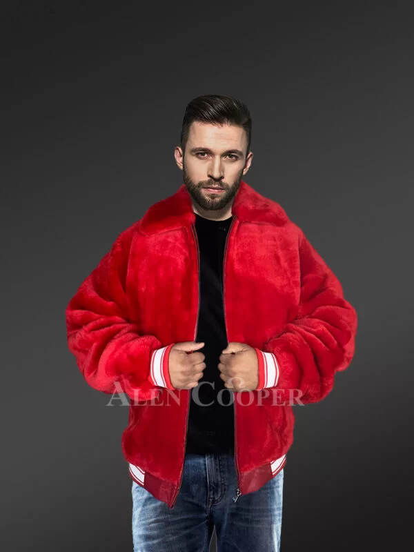 Sheepskin Mouton Varsity Jacket in Red