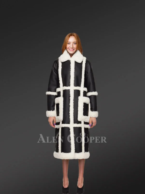 Women Shearling Classic long black White Coat