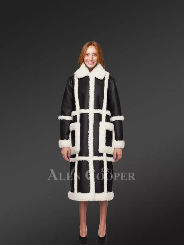 Women Shearling Classic long black White Coat