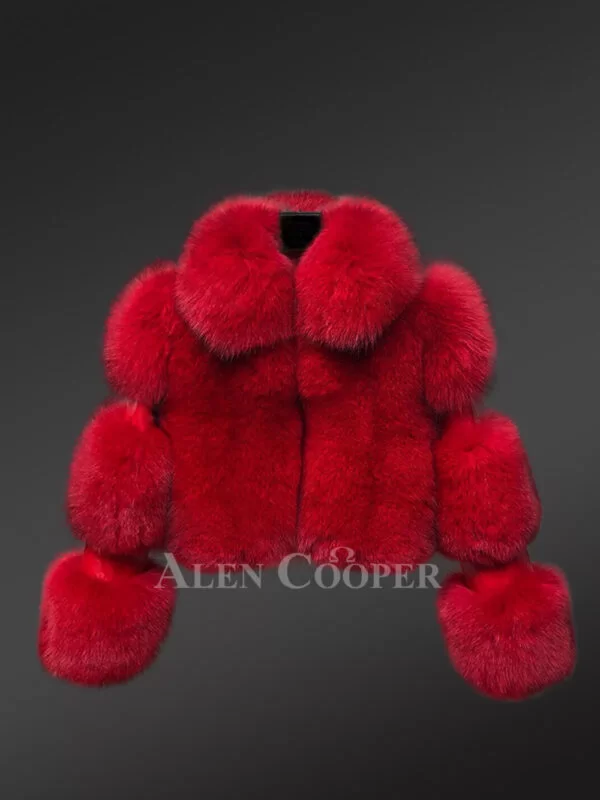 Womens Crop Coat in Fox Fur in Dazzling Red