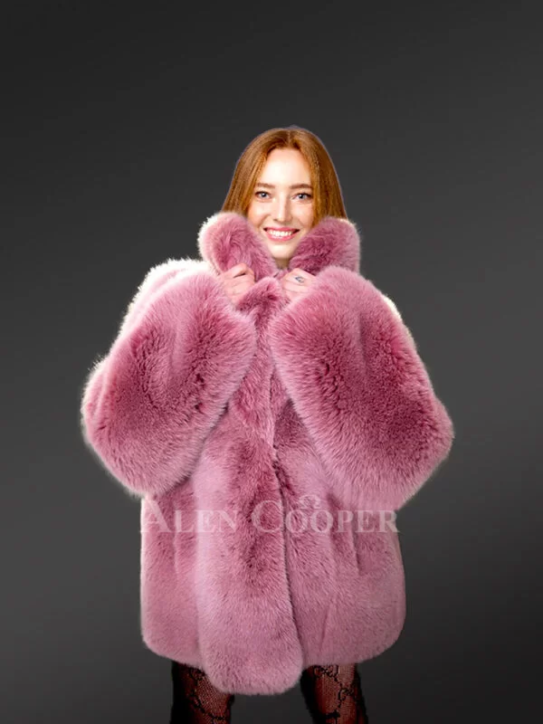 Womens Fox Fur Long Coat in Swing Style - Image 3
