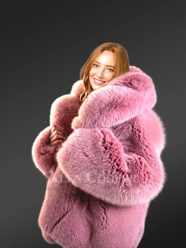 Womens Fox Fur Long Coat in Swing Style - Image 7