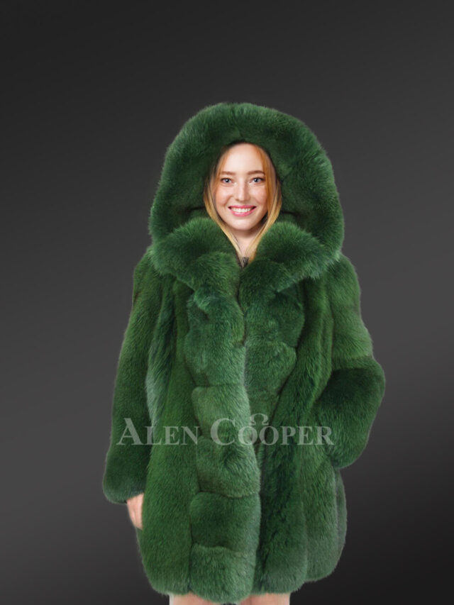 Womens Long Coat in Fox Fur Pelts and Satin