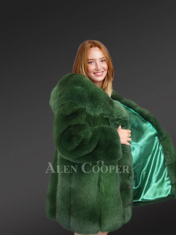 Womens Long Coat in Fox Fur Pelts and Satin - Image 4