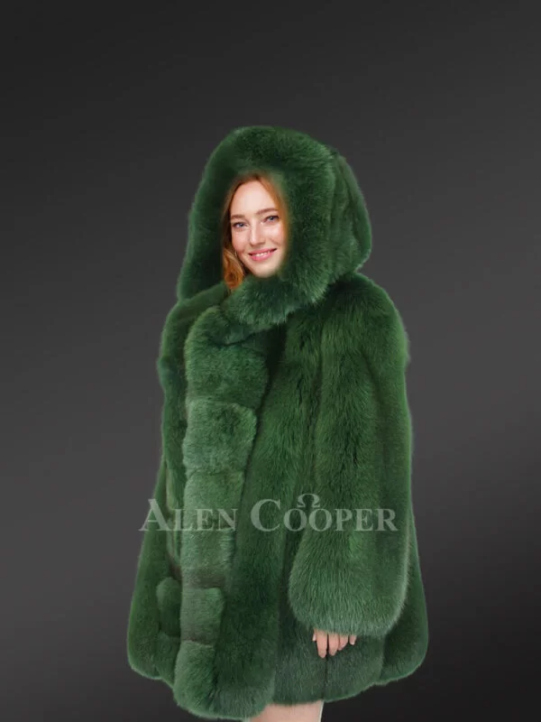 Womens Long Coat in Fox Fur Pelts and Satin - Image 3