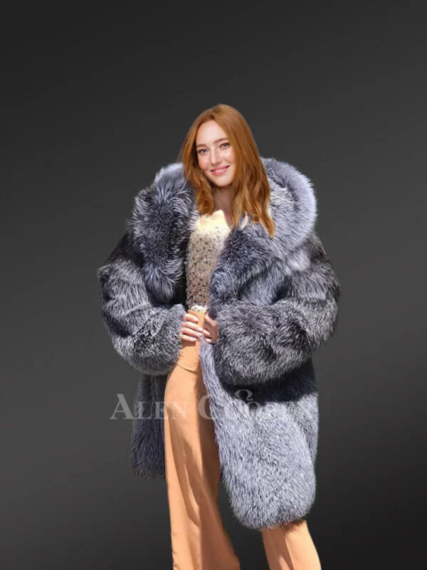 Long Silver Fox Fur Coat with Hood