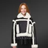 Shearling Double Breast Crop Jacket for Women in Black