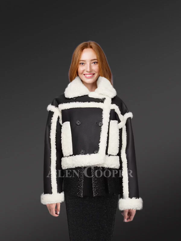 Shearling Double Breast Crop Jacket for Women in Black