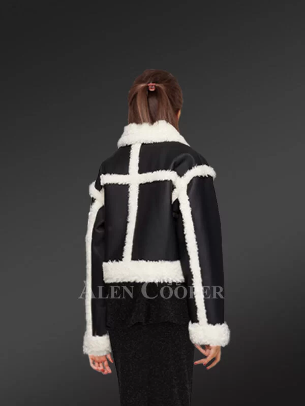Shearling Womens Crop Coat in Attractive Black And White - Image 4