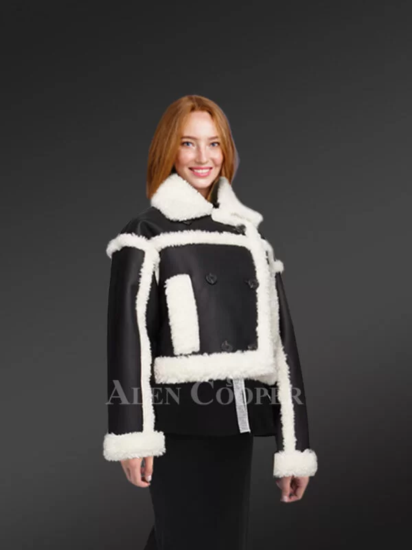 Shearling Womens Crop Coat in Attractive Black And White - Image 2