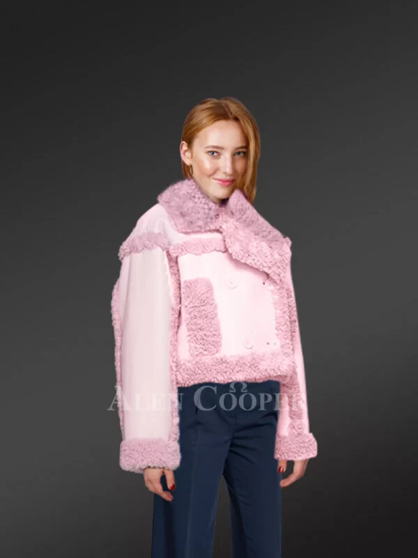 Womens Shearling Crop Coat in Pink to Look Pretty While Staying Warm - Image 3