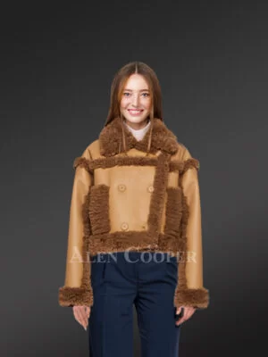 Shearling Double Breast Crop Jacket for Women in Tan