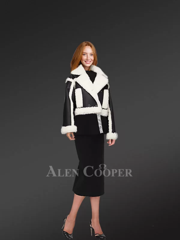 Shearling Womens Crop Coat in Attractive Black And White - Image 3