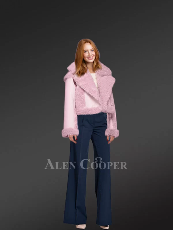 Womens Shearling Crop Coat in Pink to Look Pretty While Staying Warm - Image 2