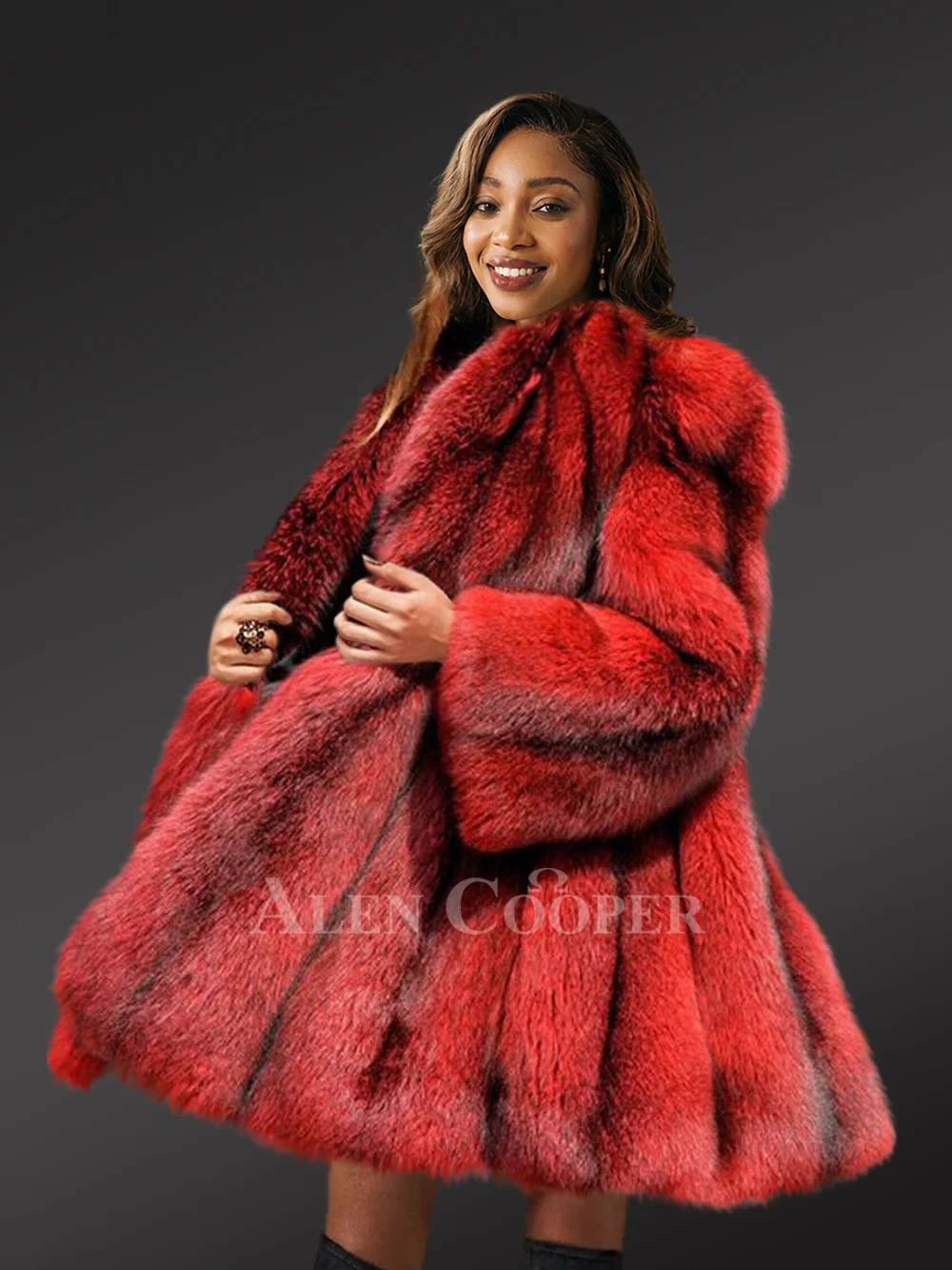 希少！豪華！◇【EMBA】絶品！デザイン！レッドFOXファーロングコート◇ Dressy Fox Fur Womens Coat Looks Brilliant in Red