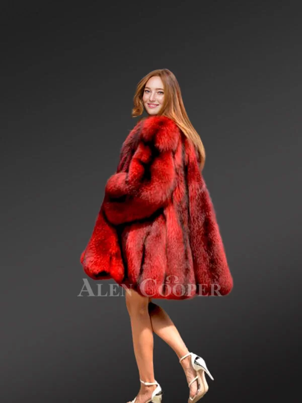Dressy Cross Fox Fur Coat in Blood Red - Image 4