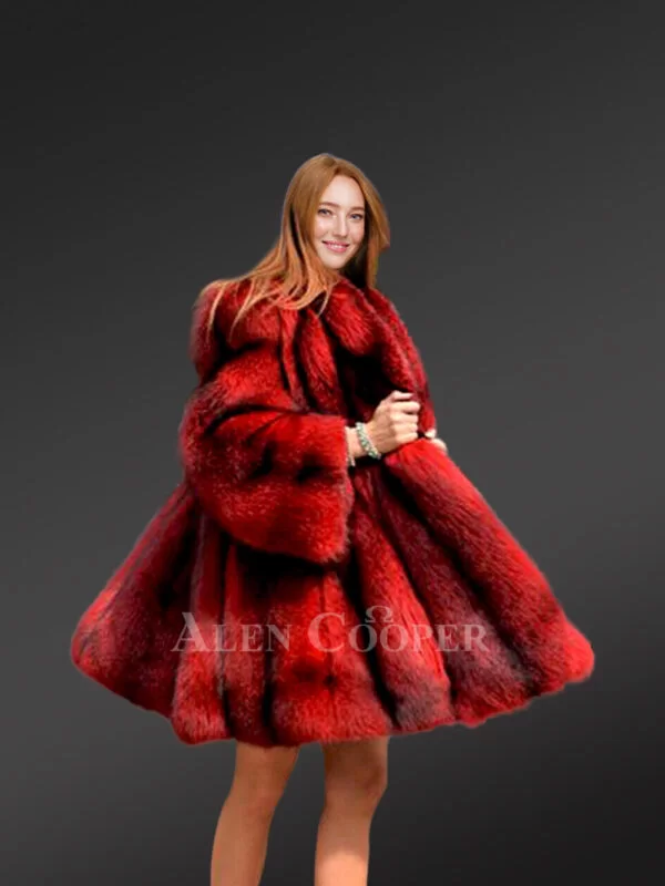 Dressy Cross Fox Fur Coat in Blood Red - Image 3