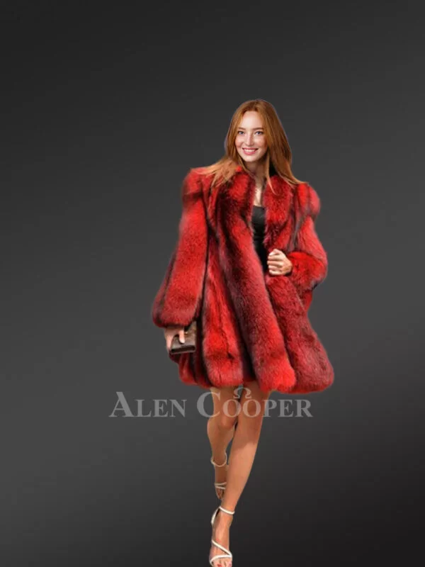 Dressy Cross Fox Fur Coat in Blood Red