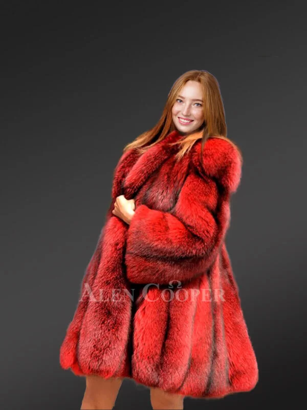 Dressy Cross Fox Fur Coat in Blood Red - Image 5