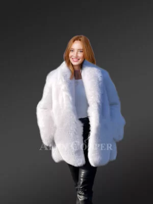 Dressy Dyed Fox Fur Coat in Snow White