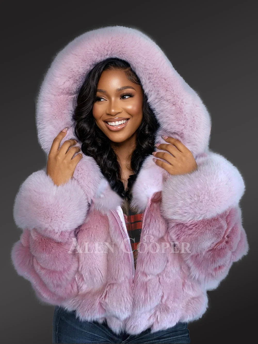 Fox Fur Crop Bomber Jacket in a Lovely Shade of Pink