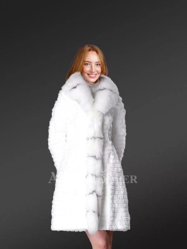 Horizontal Layered Rabbit Coat with Frontline Fox Trims in White - Image 3