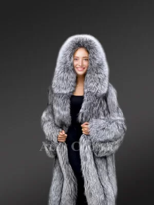 Long Blue Silver Fox Fur Coat for Women