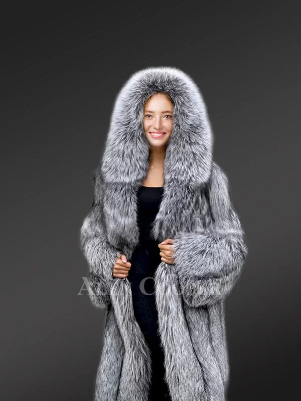 Long Blue Silver Fox Fur Coat for Women