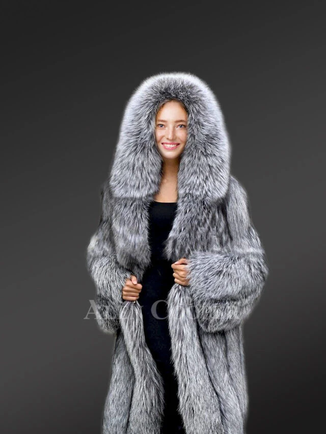 Long Blue Silver Fox Fur Coat for Women