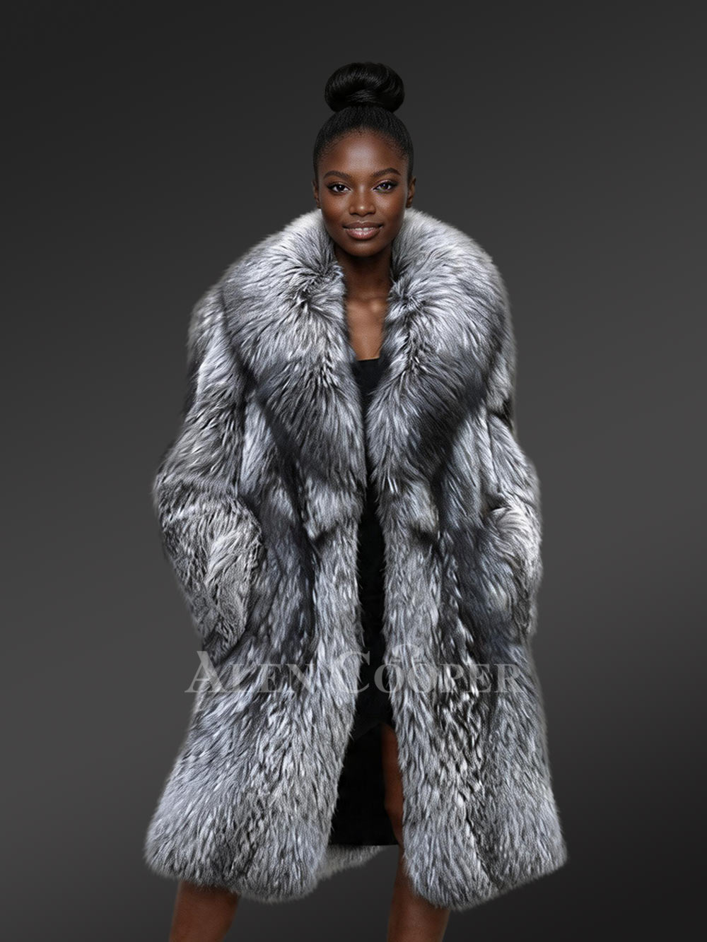 Long Blue Silver Fox Fur Coat for an Aristocratic Look