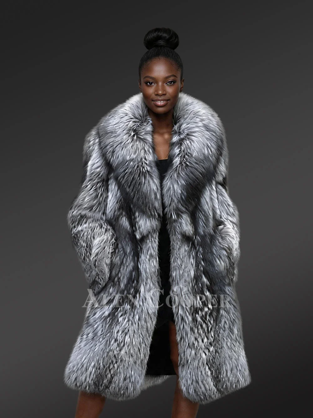 Long Blue Silver Fox Fur Coat for an Aristocratic Look