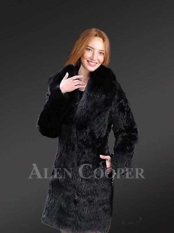 Long Rabbit Coat in Black with Shawl Style Collar of Fox Fur - Image 3