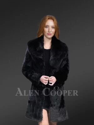 Long Rabbit Coat with Fox Fur Collar Accent